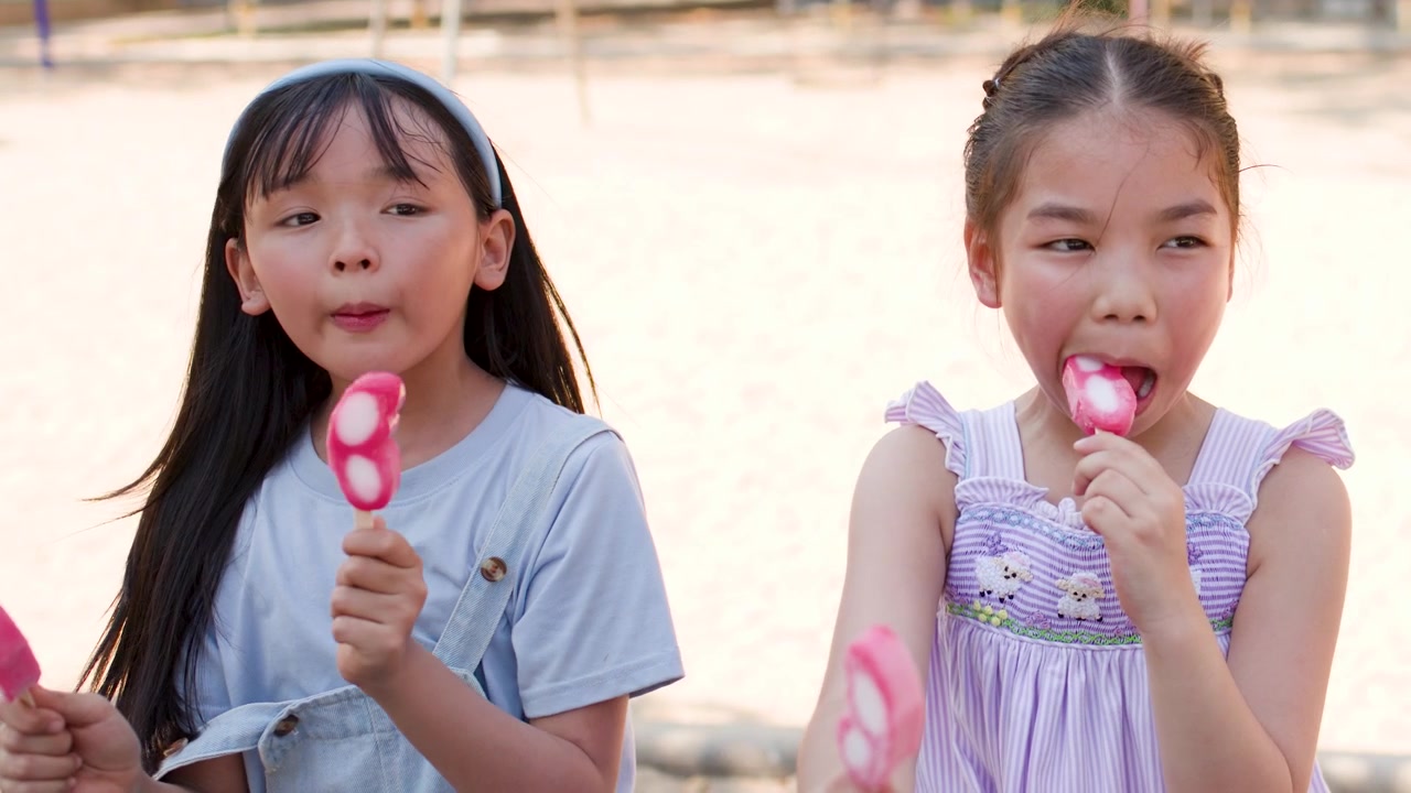 Due bambine gustano ghiaccioli rosa in un parco giochi soleggiato nel Parco Lumpini.