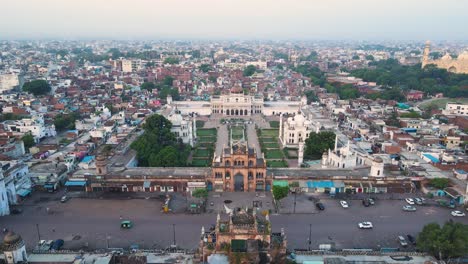 aerial shot of chota imambada, with the monument standing majestically under the warm morning sunlight.