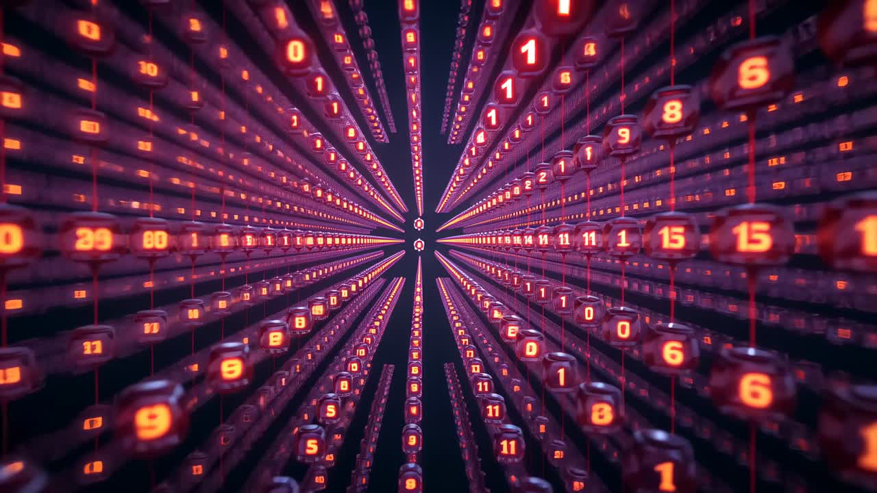 Camera pushing forward revealing red numeric cubes on wires flickering in tunnel, creating stream