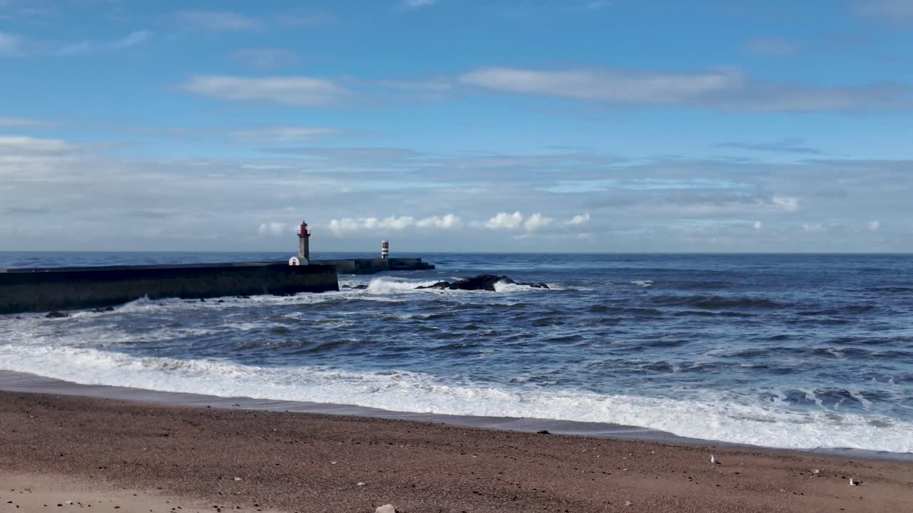 Waves crash near Farolim de Felgueiras in Portugal