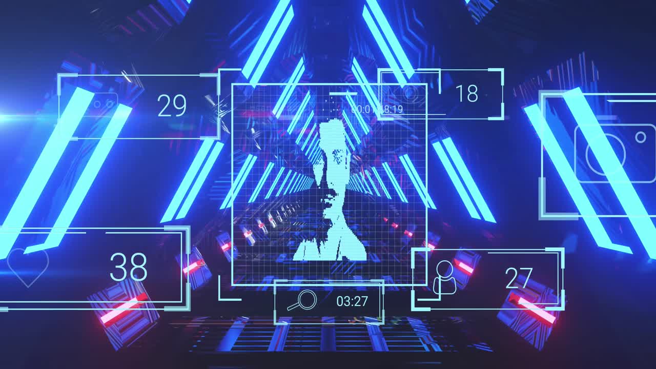 소셜 미디어 반응의 애니메이션과 네온 불빛으로 만든 터널 위의 사용자 사진