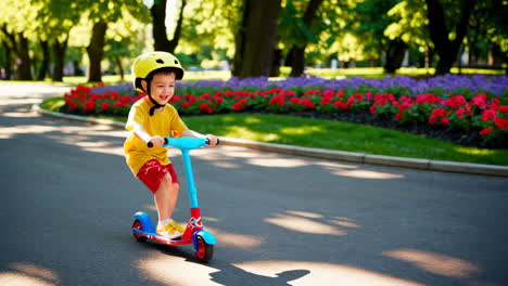 happy child riding a scooter in a park