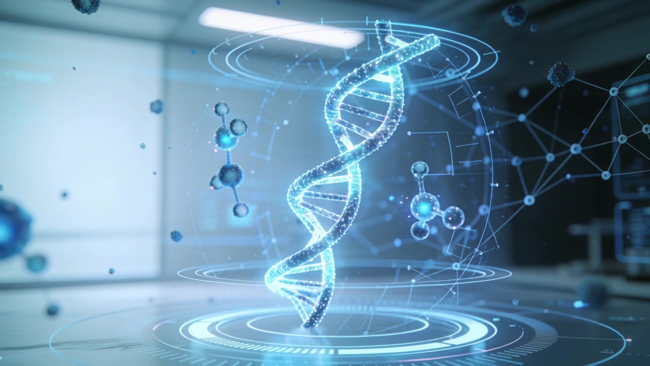 Projection platform powering holographic DNA helix rotating and brightening on lab bench, with HUD