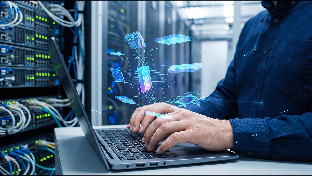 Close up of hands typing on illuminated keyboard in technology focused environment