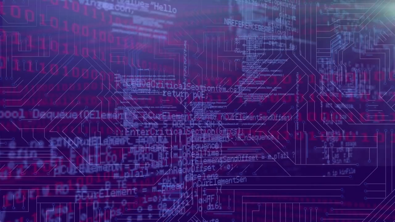 Animation of binary coding and data processing over microprocessor connections on blue background