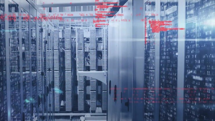 Animation of data processing and lights over servers