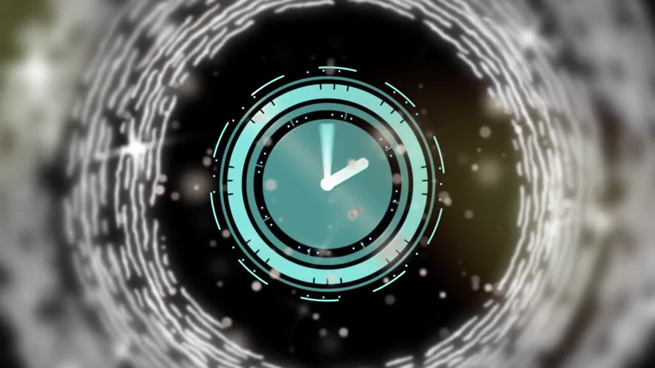 Animation of clock moving fast with scope scanning on black background