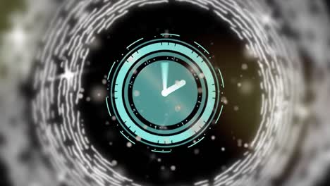 animación de un reloj que se mueve rápido con escaneo de alcance en fondo negro