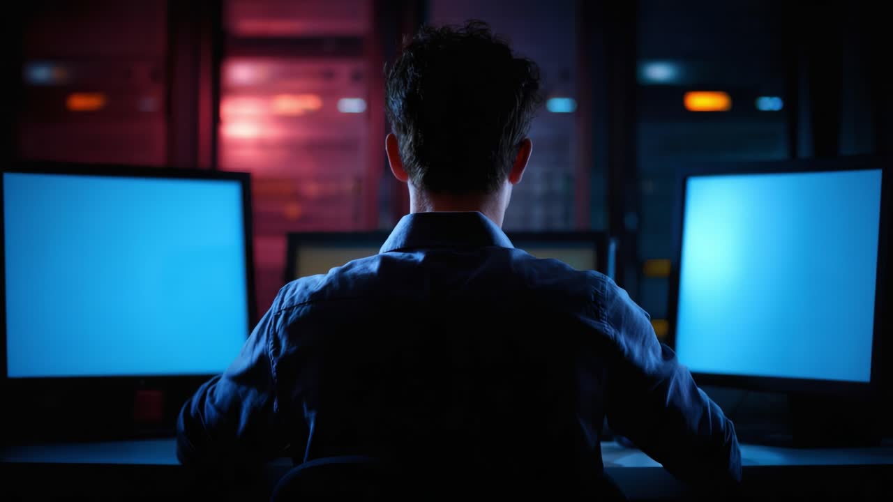 A solitary figure sits in front of multiple monitors in a dimly lit room, immersed in a digital environment, with vibrant lights illuminating the scene from behind
