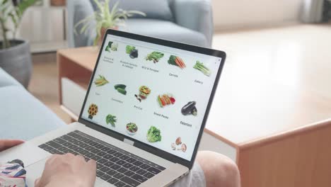 asian man sitting on couch and using laptop computer buys in internet shop. male selects vegetables in grocery online store