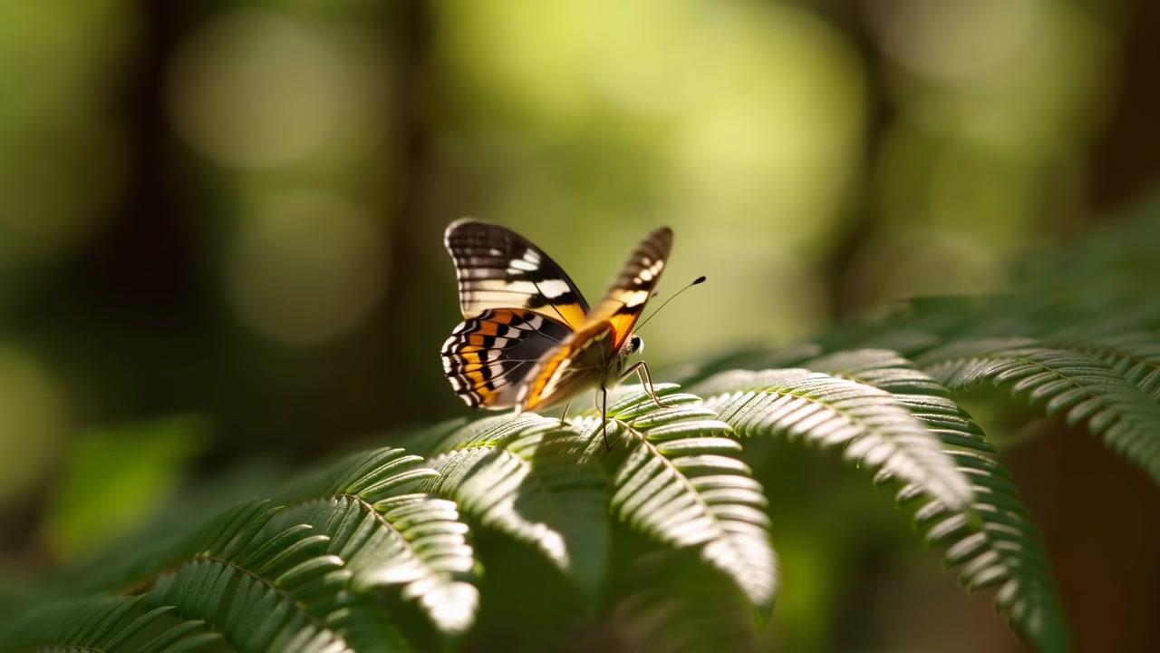 Una farfalla riposa pacificamente su una foglia in un lussureggiante ambiente forestale, catturata in un primo piano, con vista a livello del suolo. La scena mostra i toni naturali verdi e marroni delle foglie di felce