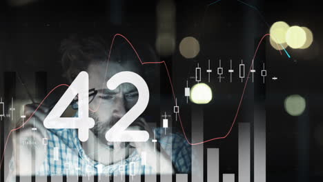 animation of numbers changing over statistics and tired man