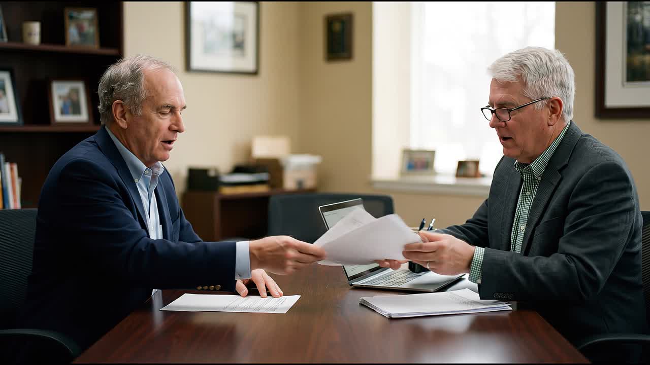 Senior businessmen passing documents across table reviewing agreement during formal office meeting with focused expressions