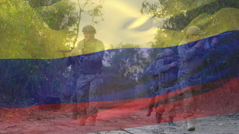 animation of flag of colombia over diverse male soldiers