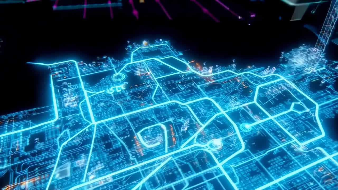 Futuristic circuit board design from a top-down angle, ideal for tech-themed video projects