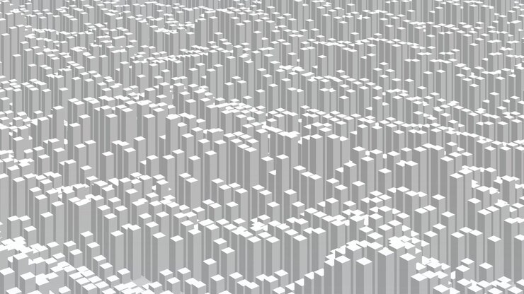 3d bar chart, dynamic abstract data visualization background, loopable repeating undulating pattern of grey geometric blocks, perfect for modern digital animation
