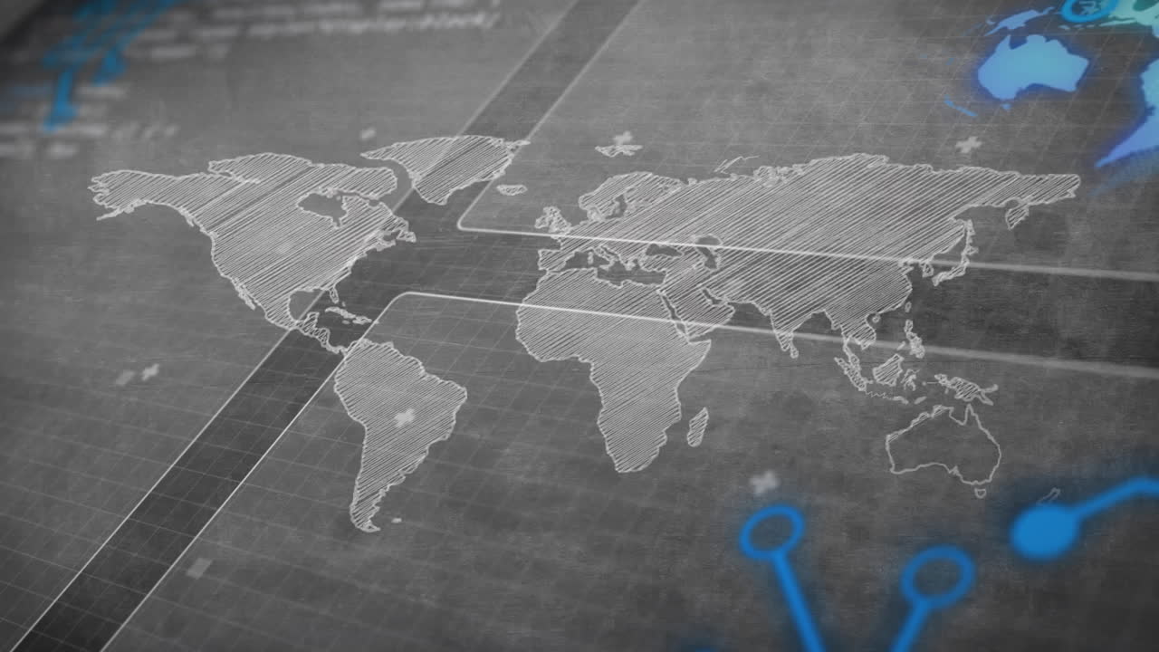 Animation of blue network connections overlaying digital data lines on world map
