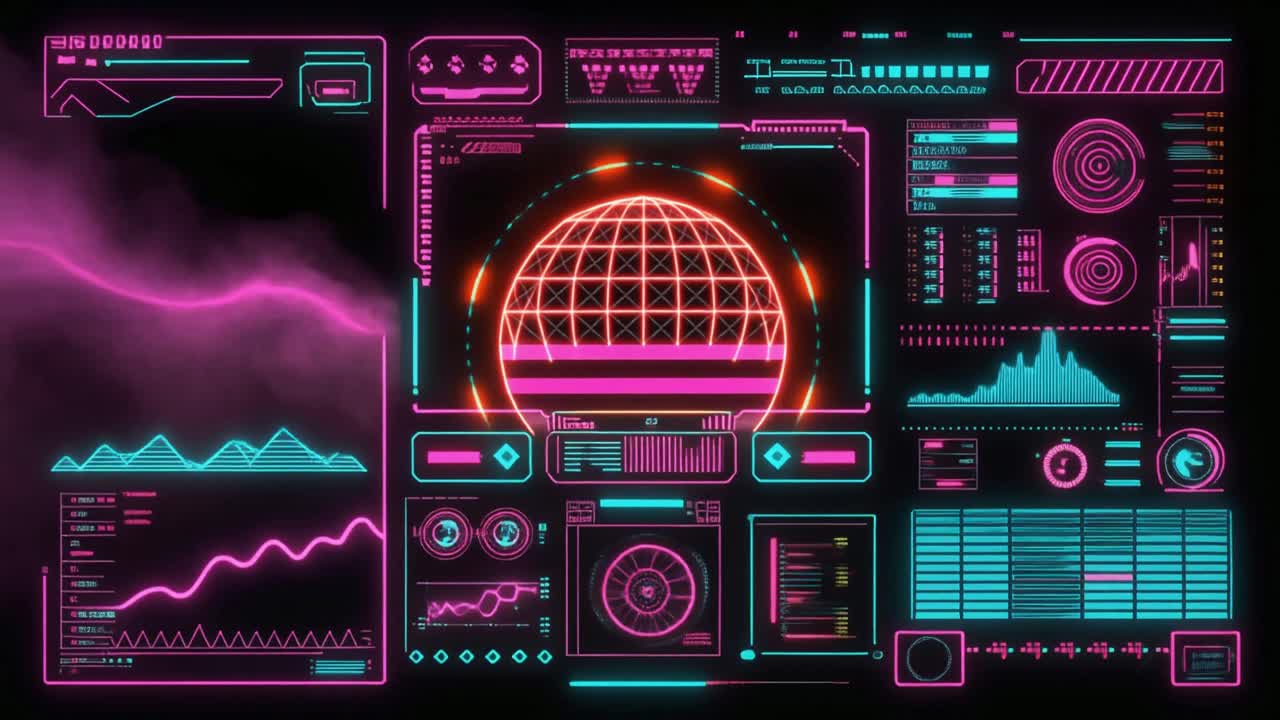 Futuristic HUD Interface with Glowing Data Displays and Global Grid