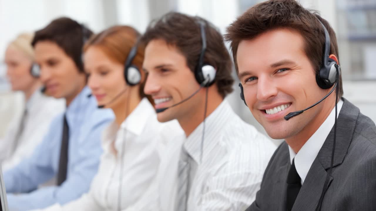 A Group of Professional Call Center Agents Engaged in Customer Support, Showcasing Teamwork and Positive Work Environment in a Modern Office Setting