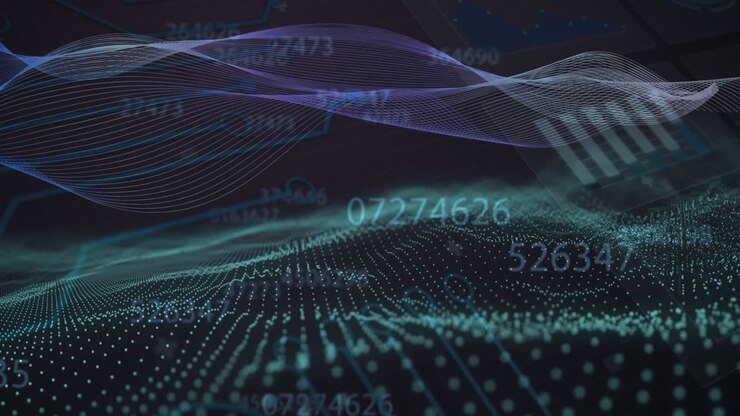 Animation of multiple changing numbers and statistical data processing against digital wave