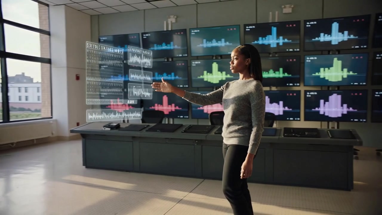 Entering control room, woman in sweater and dark pants reaching and consulting holograms