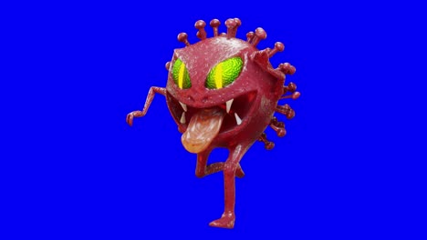 el monstruo celular de covid-19 o coronavirus, ejecuta ciclos en la pantalla azul, negra y el canal alfa en la sección final, bucle de animación 3d.