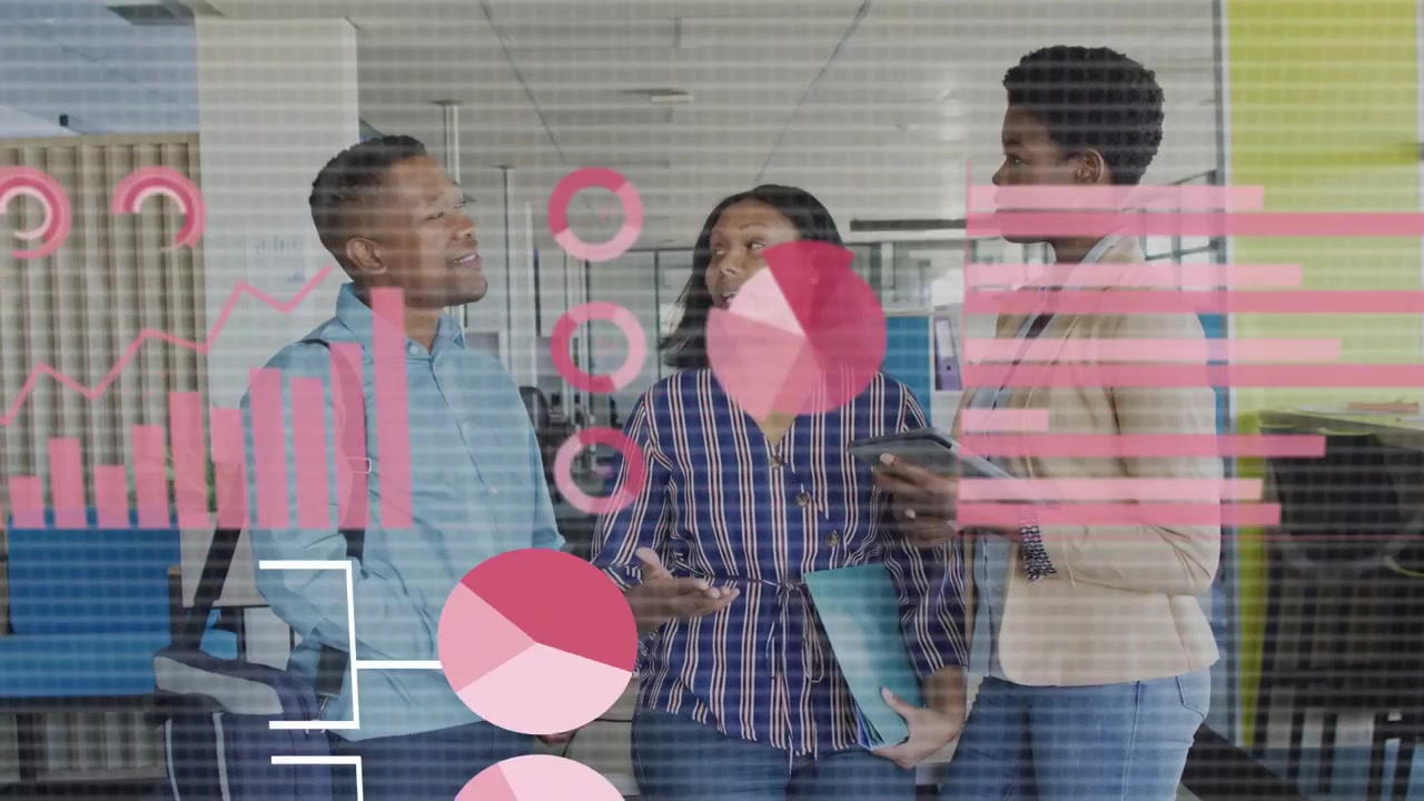 Center trio speaking and gesturing starting analytics overlays over group with tablet for analysis