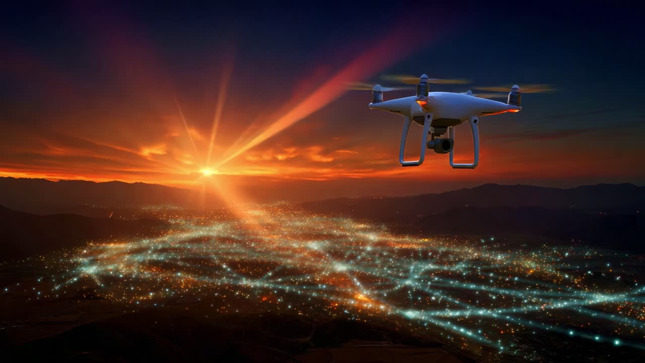 A stunning aerial view captures a drone in the sky over a vibrant cityscape at sunset, with dynamic light patterns below created by the glimmering lights of the sprawling urban environment