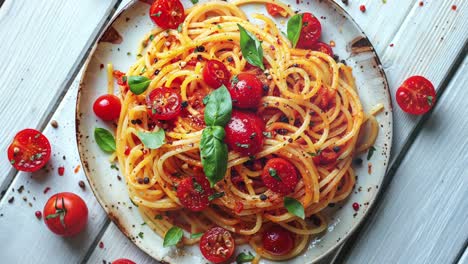 primer plano de espagueti fresco con tomates cereza y albahaca