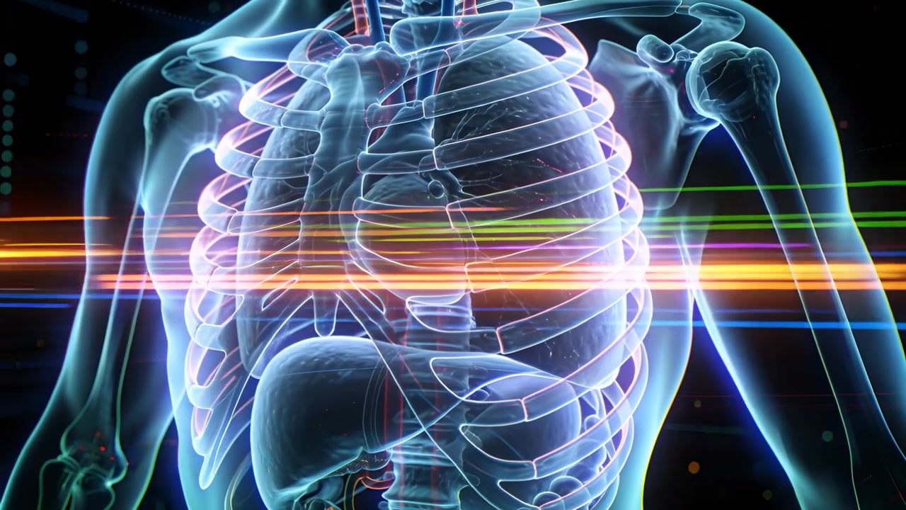 Rotating glowing torso in hologram space with scan lines sweeping chest, revealing heart lungs