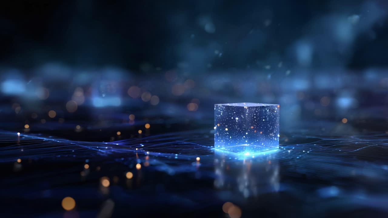 A mesmerizing visualization of glowing blue cubes amidst a dark, digital landscape, featuring intricate patterns of light and energy in the background
