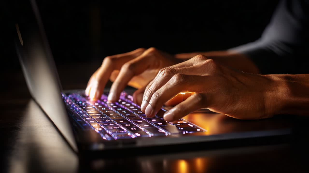 Una persona concentrata sta usando un laptop e digitando meticolosamente in un ambiente scarsamente illuminato, il che mette in risalto l'efficacia della tecnologia moderna e l'arte della comunicazione digitale attraverso i tasti illuminati