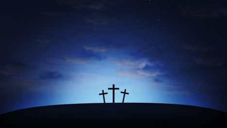 three crosses on the hill with clouds moving on blue starry sky