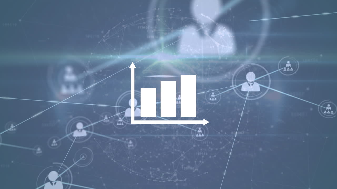 animación de la red de conexiones con iconos y triángulos sobre fondo azul oscuro