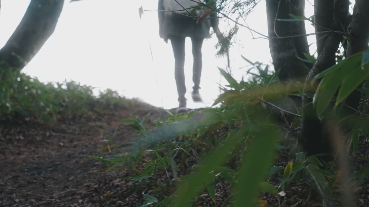 낮에 광야를 걷는 청바지와 운동화를 입은 10대 소녀의 이미지