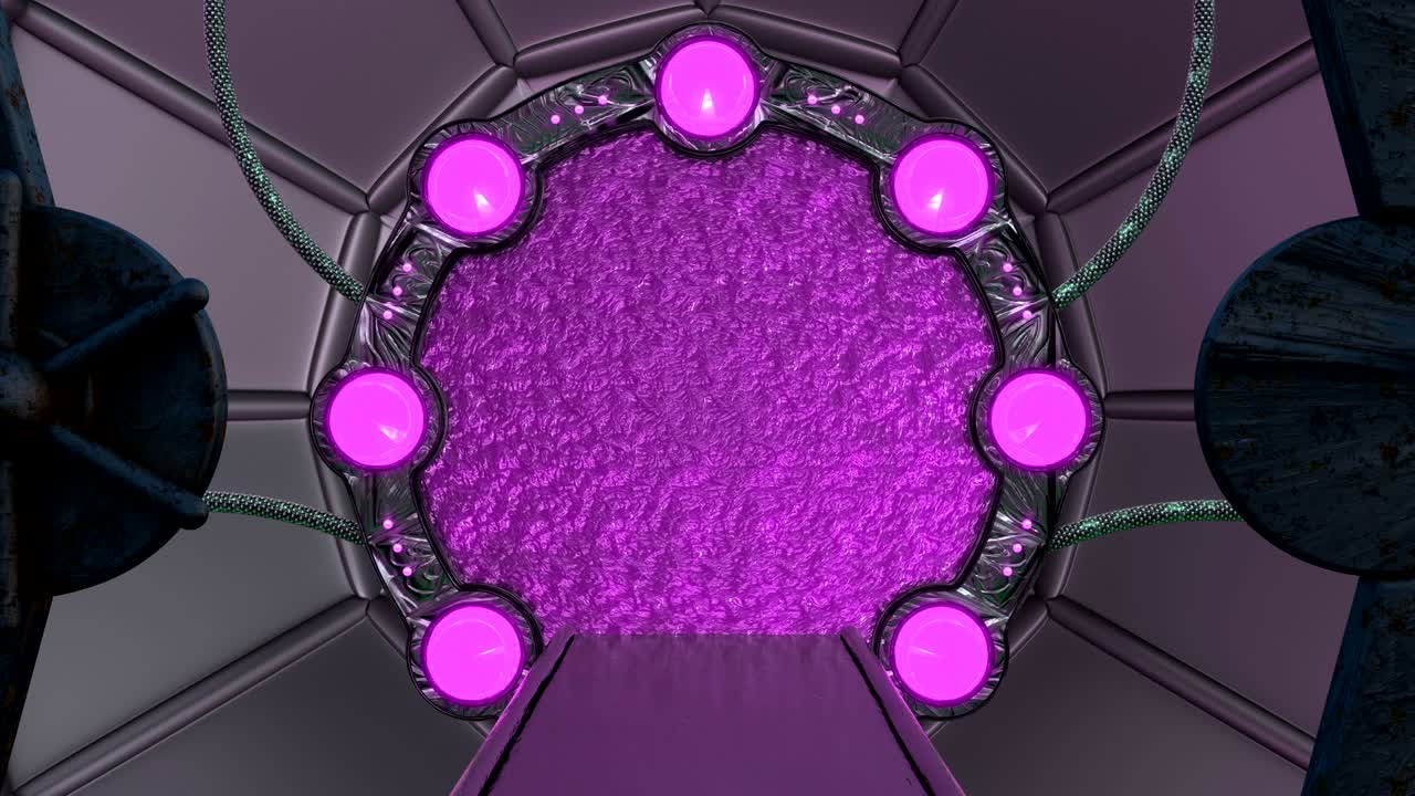 la escotilla oxidada de hierro abre una vista panorámica a la escena del paisaje de la nave espacial. fondo abstracto 3d de corredor de ciencia ficción con portal. tecnología futurista abstracto vj para títulos tecnológicos y fondo.
