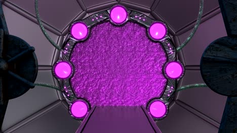 iron rusty hatch opens panoramic view to the spaceship landscape scene. 3d abstract background of sci-fi corridor with portal. futuristic technology abstract vj for tech titles and background.