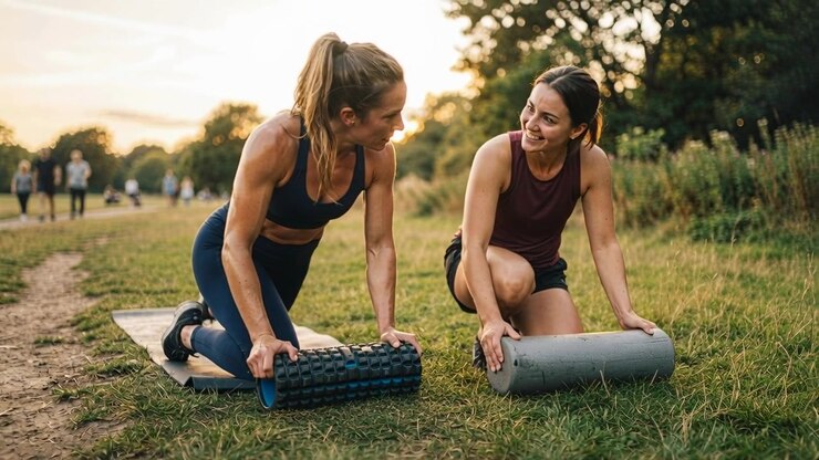 Placing foam rollers, two women kneeling in athletic wear adjusting grips, practicing rolls in park