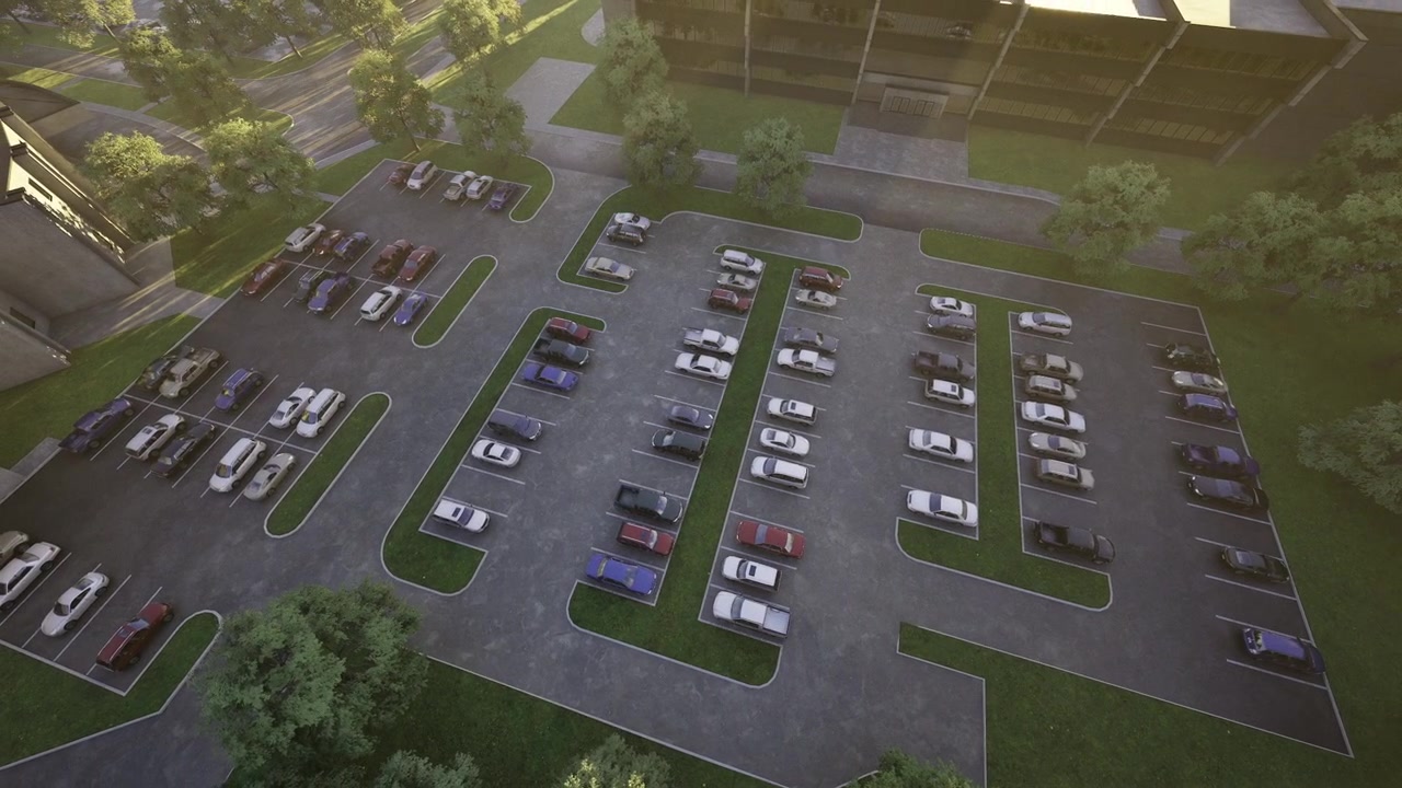 Gün batımı, düzenli otoparkı ve huzurlu çevreyi aydınlatıyor
