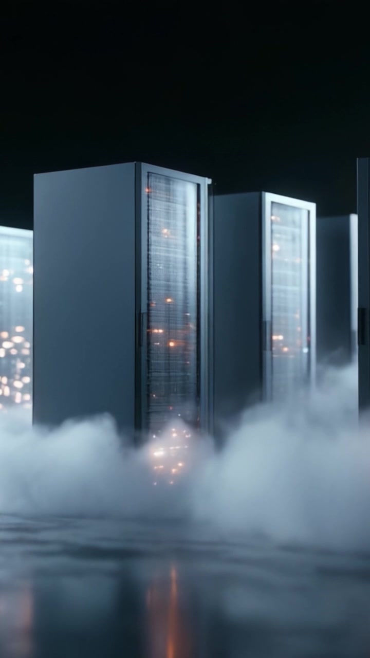 High-Tech Data Servers Illuminated in a Foggy Environment, Showcasing Cutting-Edge Technology and the Future of Digital Storage Solutions