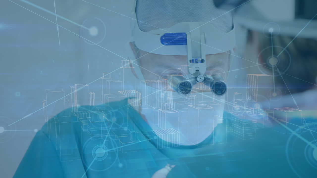 animación de la red de conexiones sobre el cirujano caucásico masculino durante la operación