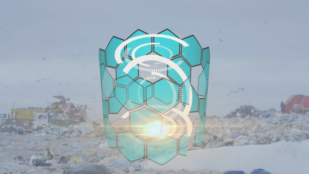 animación de círculos de carga y patrón hexagonal con gaviotas volando sobre el vertedero