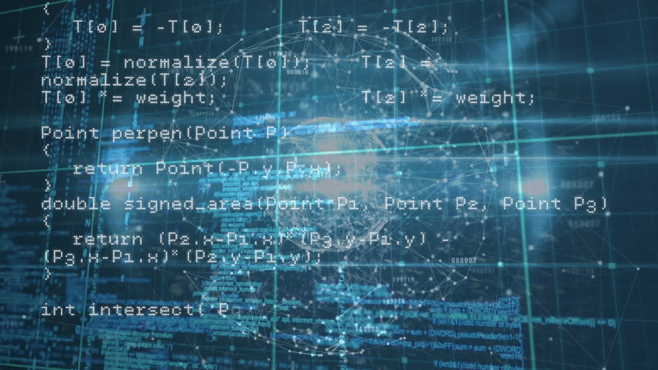 animación del procesamiento de datos sobre el globo de la red de conexiones contra fondo azul