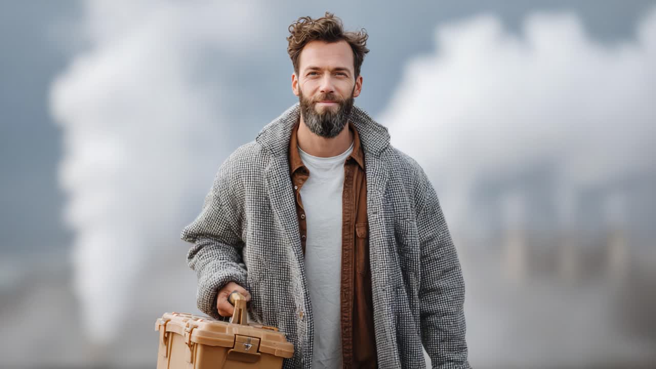 A confident man in a warm coat carries a sturdy box while standing in an industrial landscape, characterized by smokestacks and a cloudy sky, showcasing resilience and preparedness
