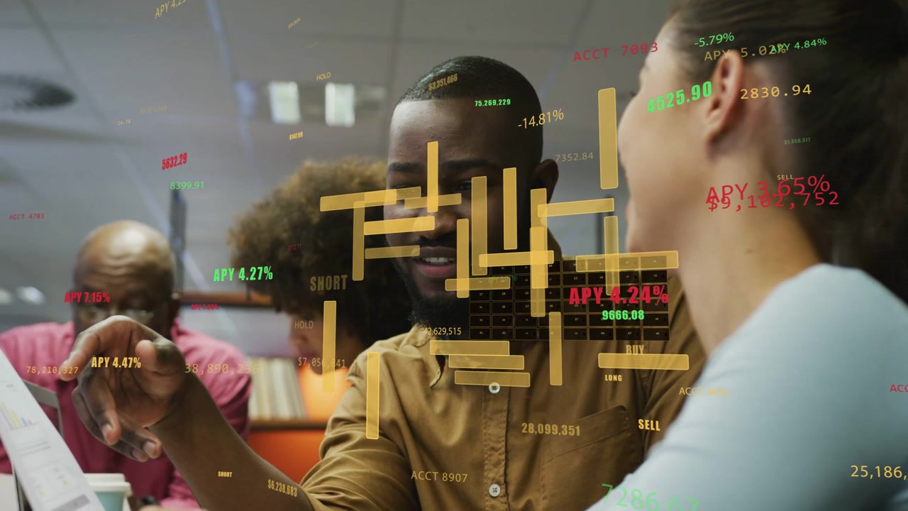 Man pointing and woman tapping touchscreen at desk, spawning dense candlestick charts for finance