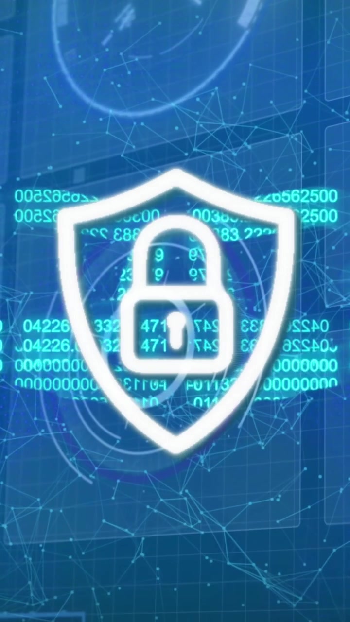 Animazione di uno scudo digitale con lucchetto e blockchain su sfondo blu con dati diversi