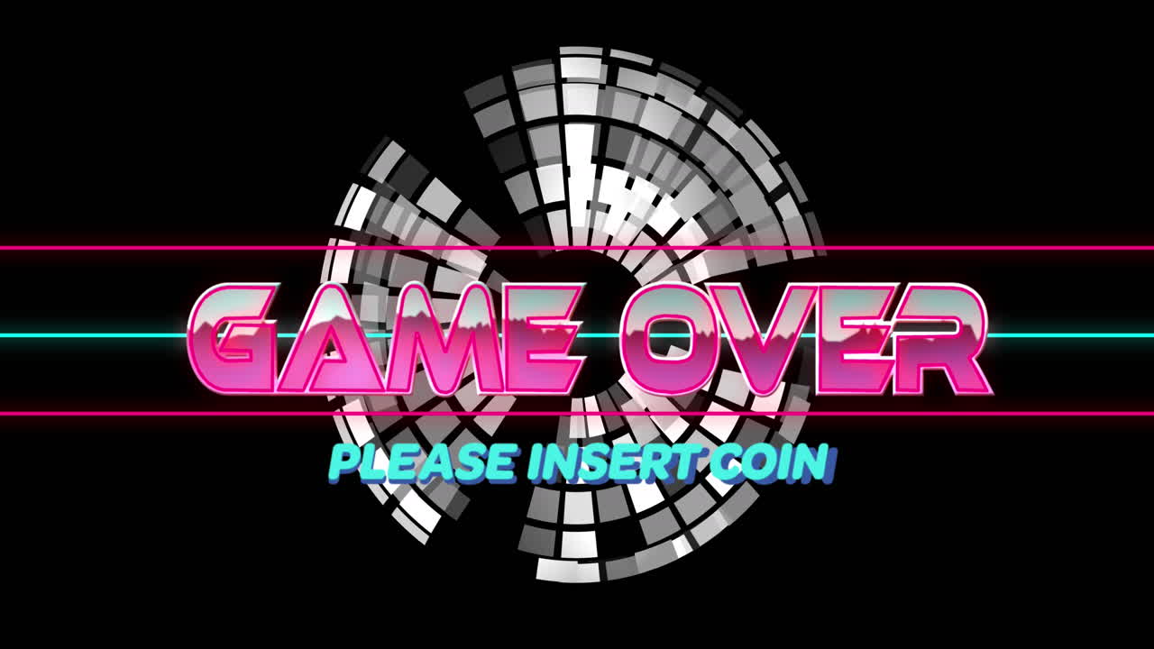 Animazione di un banner di testo 'game over' su un mappamondo rotante su sfondo nero
