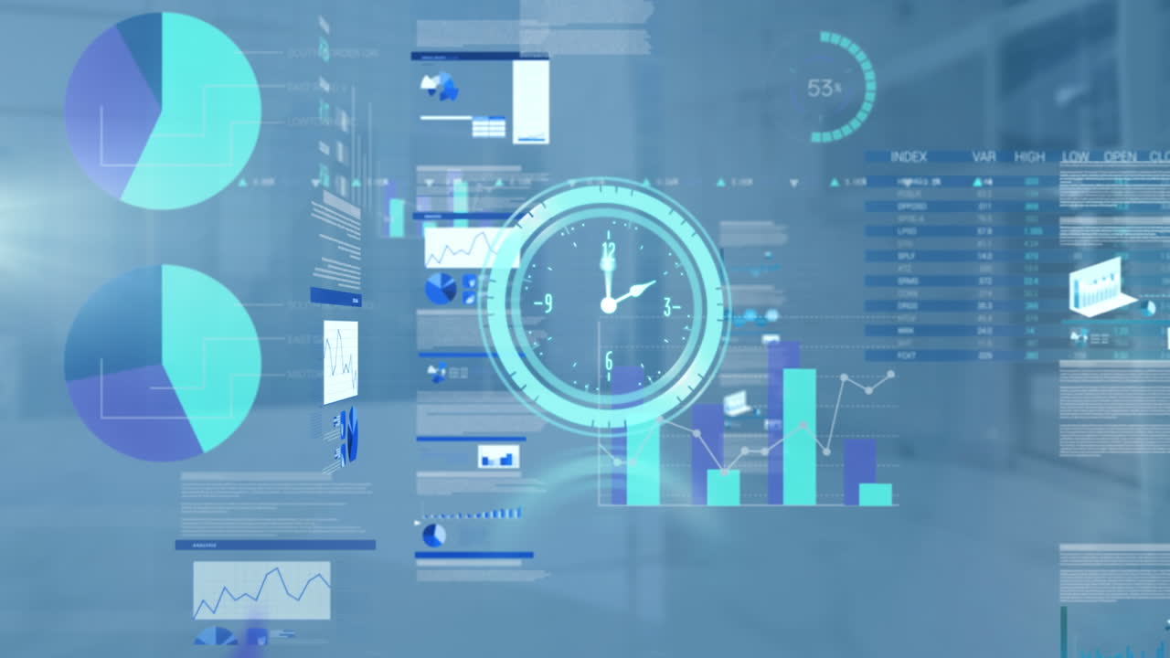 Animation of moving clock and diverse data processing on office background