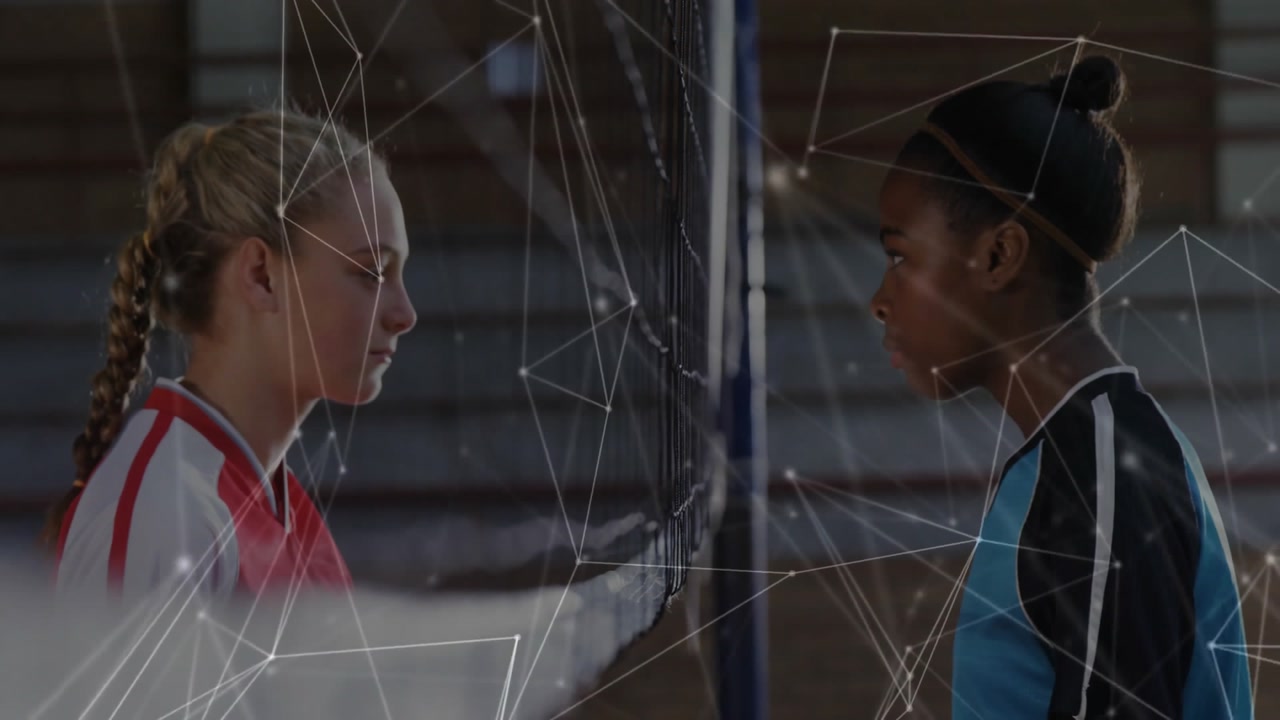 Two female volleyball players facing net in gym, showing animated health charts floating overhead
