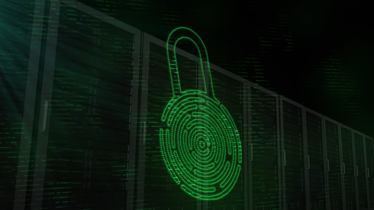 Security padlock icon against multiple servers